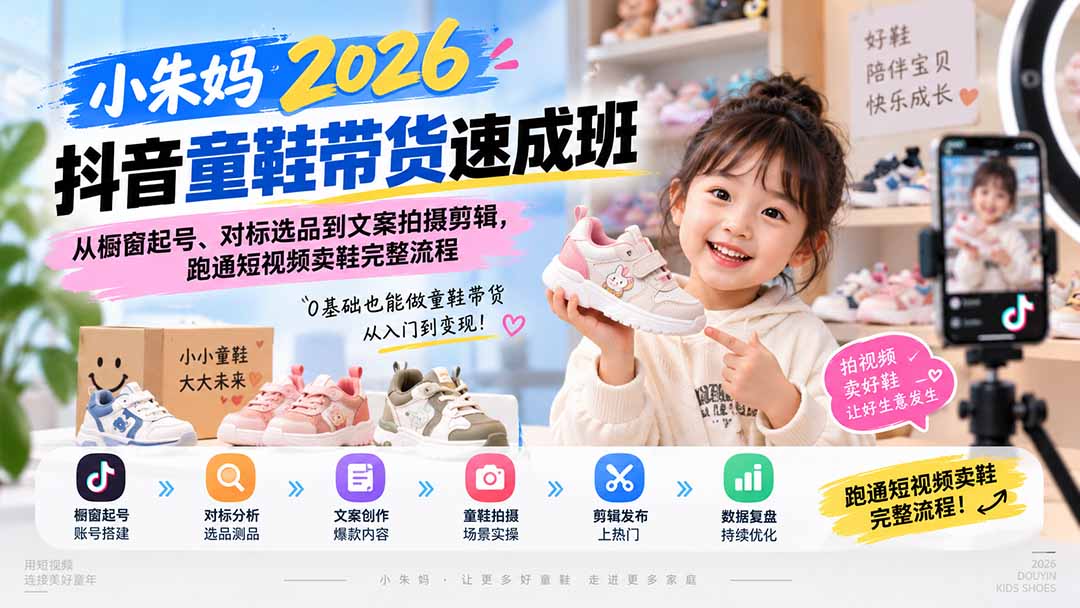 小朱妈2026抖音童鞋带货速成班：从橱窗起号、对标选品到文案拍摄剪辑，跑通短视频卖鞋完整流程采购|汽车产业|汽车配件|机加工企业家交流社群中心