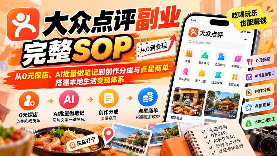 【无水印】大众点评副业完整SOP：从0元探店、AI批量做笔记到创作分成与点星商单，搭建本地生活变现体系采购|汽车产业|汽车配件|机加工企业家交流社群中心