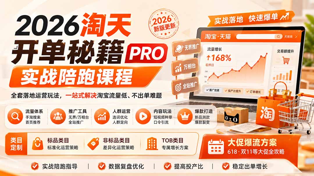 2026淘天开单秘籍PRO实战陪跑课程:全套落地运营玩法,一站式解决淘宝流量低、不出单难题(更新260823采购|汽车产业|汽车配件|机加工企业家交流社群中心