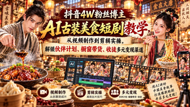 抖音4W粉丝博主AI古装美食短剧教学，从视频制作到剪辑实操，解锁伙伴计划、橱窗带货、收徒多元变现渠道采购|汽车产业|汽车配件|机加工企业家交流社群中心