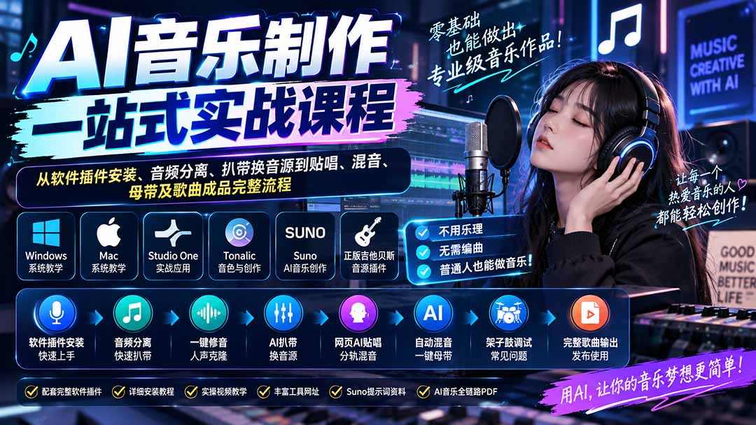 AI音乐制作一站式实战课程:从软件插件安装、音频分离、扒带换音源到贴唱、混音、母带及歌曲成品完整流程采购|汽车产业|汽车配件|机加工企业家交流社群中心