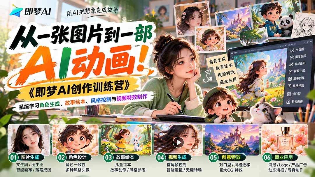 【无水印】从一张图片到一部AI动画！《即梦AI创作训练营》系统学习角色生成、故事绘本、风格控制与视频特效制作采购|汽车产业|汽车配件|机加工企业家交流社群中心