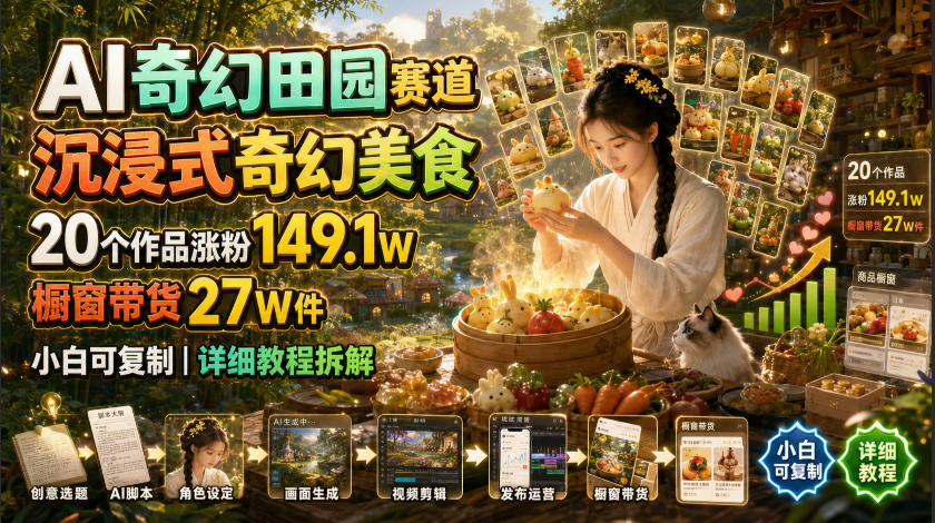 AI奇幻田园赛道,沉浸式奇幻美食,20个作品涨粉149.1W,橱窗带货27W件,小白可复制,详细教程拆解采购|汽车产业|汽车配件|机加工企业家交流社群中心