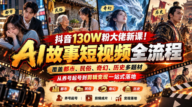 抖音130W粉大佬新课!AI故事短视频全流程,覆盖都市、民俗、奇幻、历史多题材,从养号起号到剪辑变现一站式落地采购|汽车产业|汽车配件|机加工企业家交流社群中心