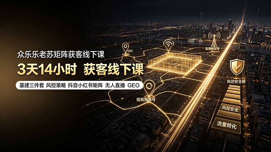 众乐乐老苏矩阵获客线下课:3天14小时×基建三件套×风控策略×抖音小红书矩阵×无人直播×GEO采购|汽车产业|汽车配件|机加工企业家交流社群中心