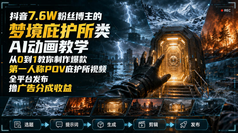 抖音7.6W粉丝博主的梦境庇护所类AI动画教学，从0到1教你制作爆款第一人称POV庇护所视频，全平台发布撸广告分成收益采购|汽车产业|汽车配件|机加工企业家交流社群中心