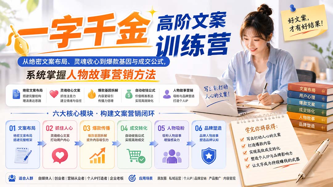 一字千金高阶文案训练营：从绝密文案布局、灵魂收心到爆款基因与成交公式，系统掌握人物故事营销方法采购|汽车产业|汽车配件|机加工企业家交流社群中心
