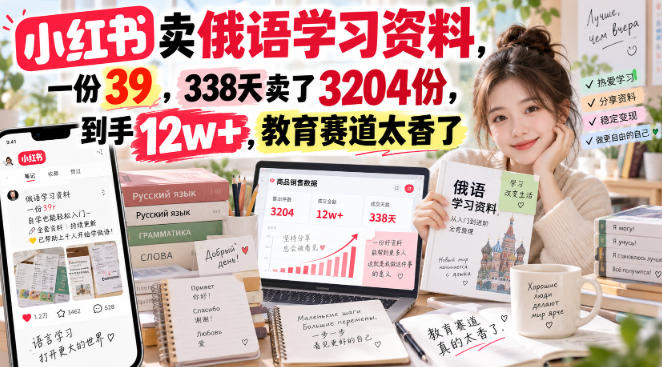 小红书卖俄语学习资料,一份39,338天卖了3204份,到手12w+,教育赛道太香了采购|汽车产业|汽车配件|机加工企业家交流社群中心