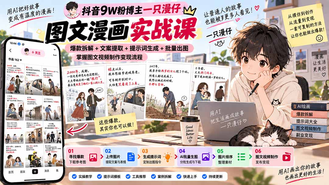 抖音9W粉博主一只漫仔图文漫画课:爆款拆解+文案提取+提示词生成+批量出图,掌握图文视频制作变现流程采购|汽车产业|汽车配件|机加工企业家交流社群中心
