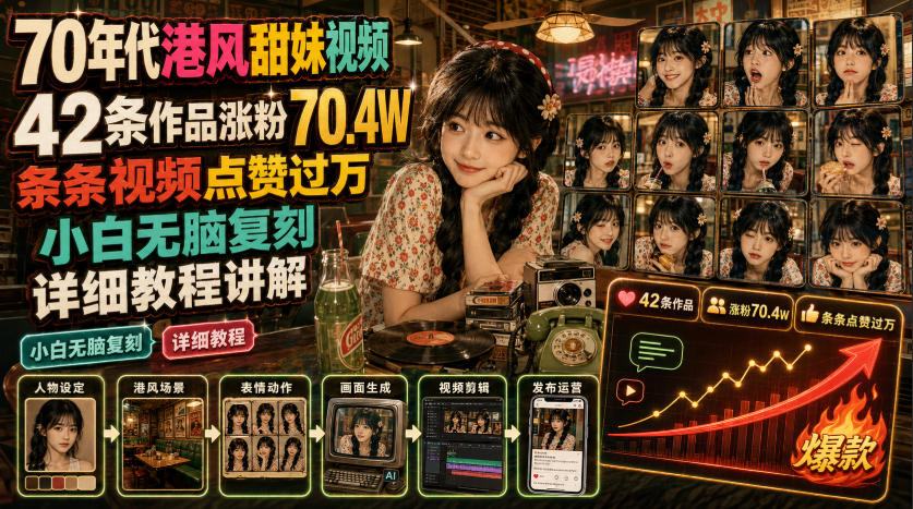 70年代港风甜妹视频，42条作品涨粉70.4W，条条视频点赞过万，小白无脑复刻，详细教程讲解采购|汽车产业|汽车配件|机加工企业家交流社群中心