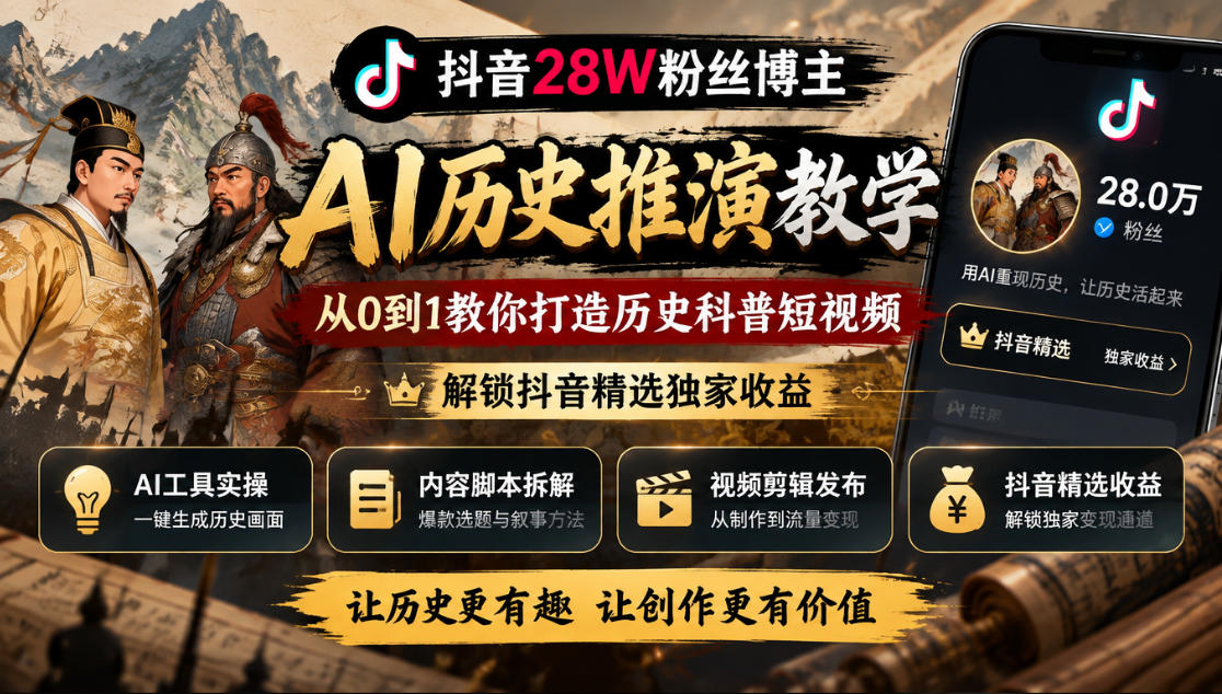 抖音28W粉丝博主的AI历史推演教学，从0到1教你打造历史科普短视频，解锁抖音精选独家收益采购|汽车产业|汽车配件|机加工企业家交流社群中心