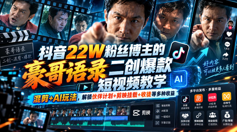 抖音22W粉丝博主的豪哥语录二创爆款短视频教学,混剪+AI玩法,解锁伙伴计划+剪映挂载+收徒等多种收益采购|汽车产业|汽车配件|机加工企业家交流社群中心
