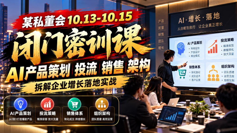某私董会10.13-10.15闭门密训课，AI产品策划投流销售架构，拆解企业增长落地实战采购|汽车产业|汽车配件|机加工企业家交流社群中心