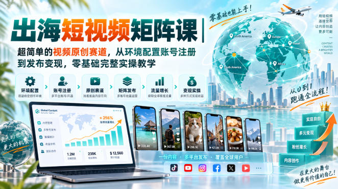 出海短视频矩阵课｜超简单的视频原创赛道，从环境配置账号注册到发布变现，零基础完整实操教学采购|汽车产业|汽车配件|机加工企业家交流社群中心