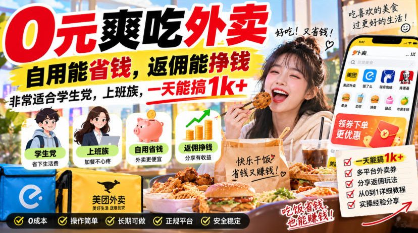 0元爽吃外卖,自用能省钱,返佣能挣钱,非常适合学生党,上班族,一天能搞1k+采购|汽车产业|汽车配件|机加工企业家交流社群中心