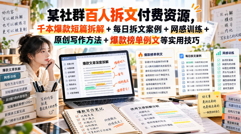 某社群百人拆文付费资源,千本爆款短篇拆解+每日拆文案例+网感训练+原创写作方法+爆款榜单例文等实用技巧(持续更新)采购|汽车产业|汽车配件|机加工企业家交流社群中心