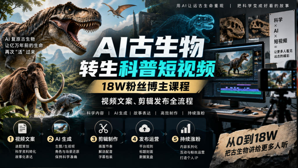 AI古生物转生科普短视频,18W粉丝博主课程,视频文案、剪辑发布全流程采购|汽车产业|汽车配件|机加工企业家交流社群中心