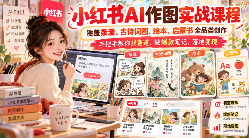 小红书AI作图实战课程，覆盖条漫、古诗词图、绘本、启蒙书全品类创作，手把手教你找赛道、做爆款笔记、落地变现采购|汽车产业|汽车配件|机加工企业家交流社群中心
