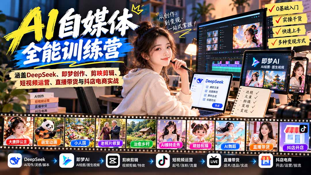【无水印】AI+自媒体全能训练营：涵盖DeepSeek、即梦创作、剪映剪辑、短视频运营、直播带货与抖店电商实战采购|汽车产业|汽车配件|机加工企业家交流社群中心