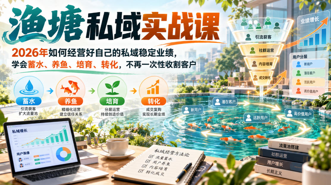 渔塘私域实战课,2026年如何经营好自己的私域稳定业绩,学会蓄水、养鱼、培育、转化,不再一次性收割客户采购|汽车产业|汽车配件|机加工企业家交流社群中心