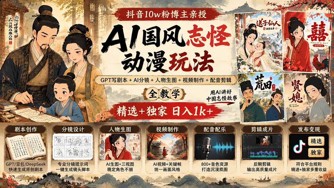 抖音10w粉博主亲授AI国风志怪动漫玩法|GPT写剧本+AI分镜+人物生图+视频制作+配音剪辑全教学|精选+独家日入1k+采购|汽车产业|汽车配件|机加工企业家交流社群中心