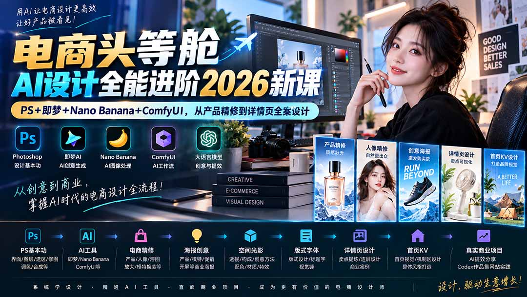 电商头等舱AI设计全能进阶2026新课:PS+即梦+Nano Banana+ComfyUI,从产品精修到详情页全案设计采购|汽车产业|汽车配件|机加工企业家交流社群中心