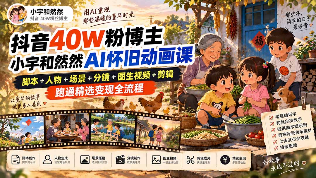 抖音40W粉博主小宇和然然AI怀旧动画课｜脚本+人物+场景+分镜+图生视频+剪辑，跑通精选变现全流程采购|汽车产业|汽车配件|机加工企业家交流社群中心