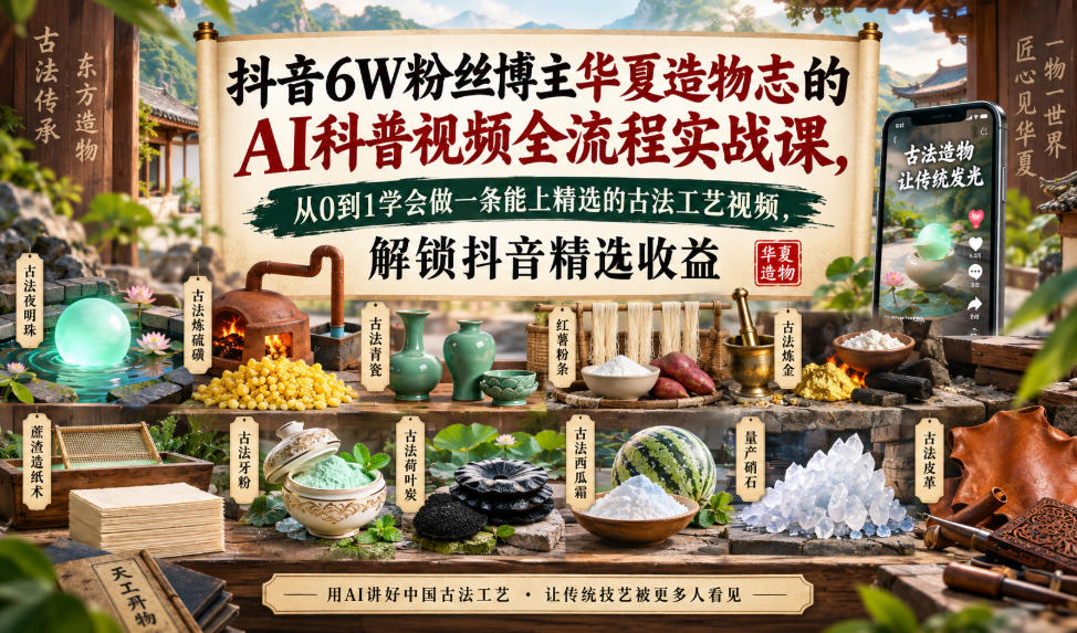 抖音6W粉丝博主华夏造物志的AI科普视频全流程实战课，从0到1学会做一条能上精选的古法工艺视频，解锁抖音精选收益采购|汽车产业|汽车配件|机加工企业家交流社群中心
