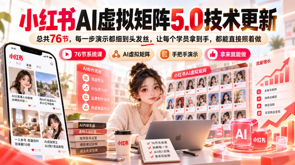 小红书AI虚拟矩阵5.0技术更新，总共76节，每一步演示都细到头发丝，让每个学员拿到手，都能直接照着做采购|汽车产业|汽车配件|机加工企业家交流社群中心