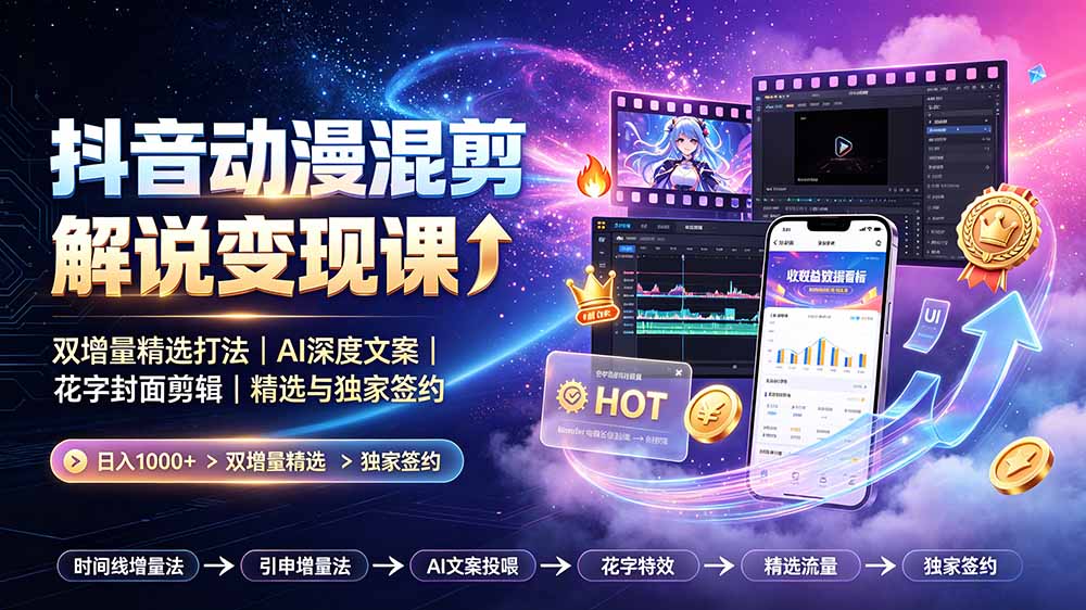 抖音动漫混剪解说变现课:双增量精选打法|AI深度文案|花字封面剪辑| 精选与独家签约日入1000+采购|汽车产业|汽车配件|机加工企业家交流社群中心