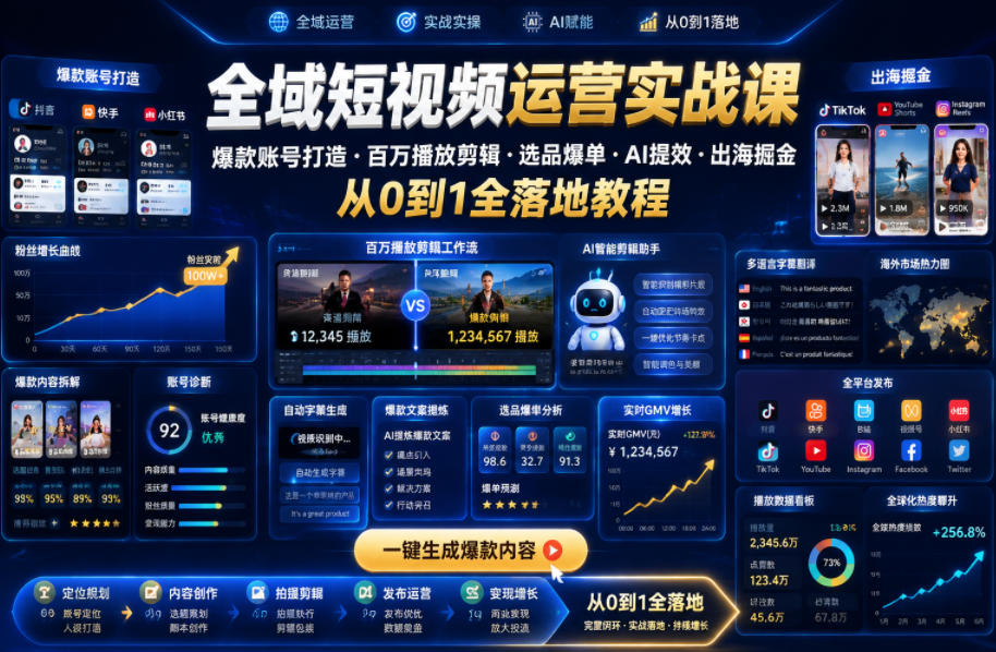 全域短视频运营实战课,爆款账号打造・百万播放剪辑・选品爆单・AI提效・出海掘金,从0到1全落地教程采购|汽车产业|汽车配件|机加工企业家交流社群中心