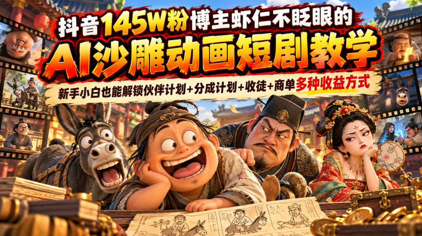 抖音145W粉博主虾仁不眨眼的AI沙雕动画短剧教学,新手小白也能解锁伙伴计划+分成计划+收徒+商单多种收益方式采购|汽车产业|汽车配件|机加工企业家交流社群中心