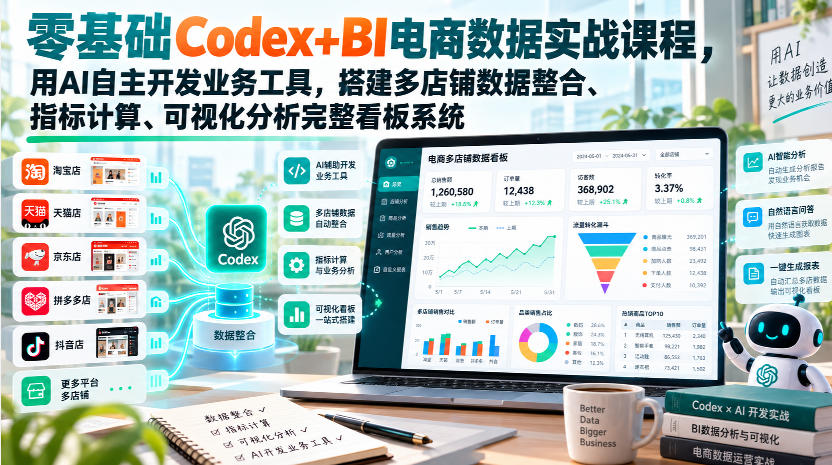 零基础Codex+BI电商数据实战课程，用AI自主开发业务工具，搭建多店铺数据整合、指标计算、可视化分析完整看板系统采购|汽车产业|汽车配件|机加工企业家交流社群中心