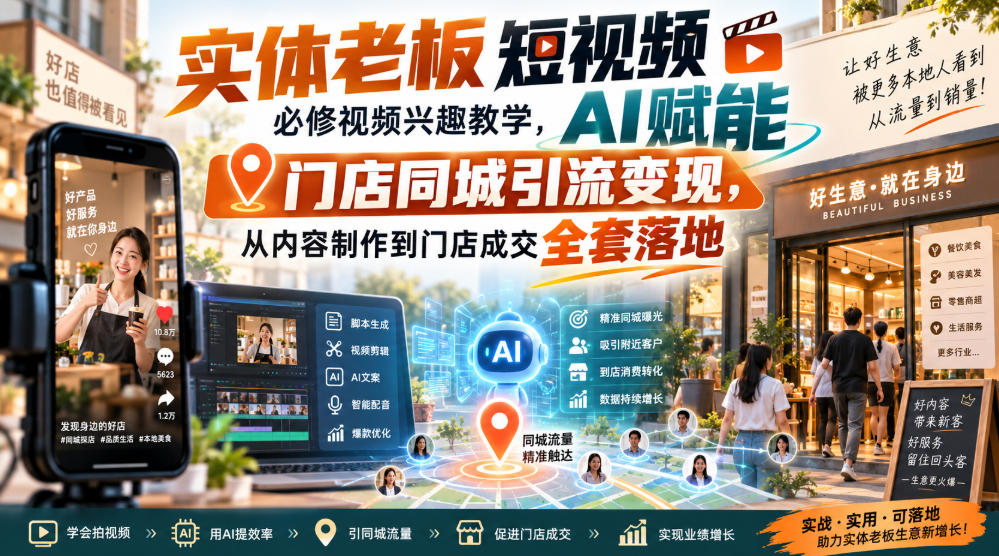 实体老板短视频必修视频兴趣教学,AI赋能门店同城引流变现,AI+短视频+直播打爆实体客流量采购|汽车产业|汽车配件|机加工企业家交流社群中心