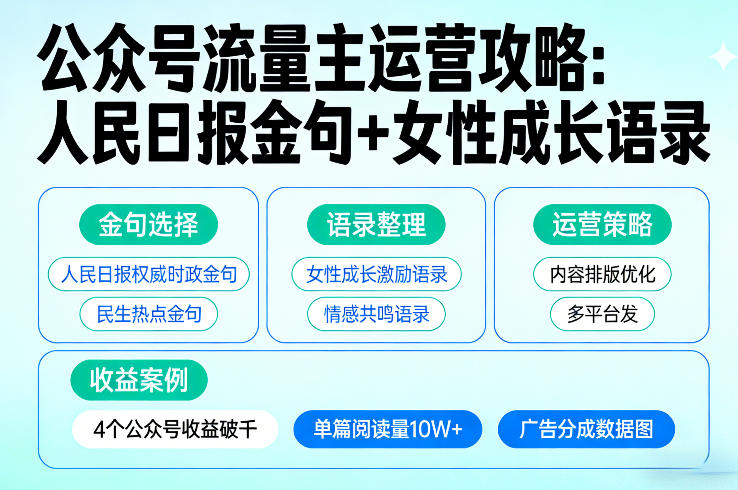 利用人民日报金句+女性成长语录做公众号流量主，4个公众号收益破千采购|汽车产业|汽车配件|机加工蚂蚁智酷企业交流社群中心