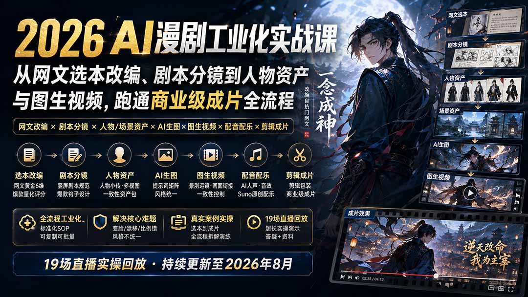 2026 AI漫剧工业化实战课-更新：从网文选本改编、剧本分镜到人物资产与图生视频，跑通商业级成片全流程采购|汽车产业|汽车配件|机加工企业家交流社群中心