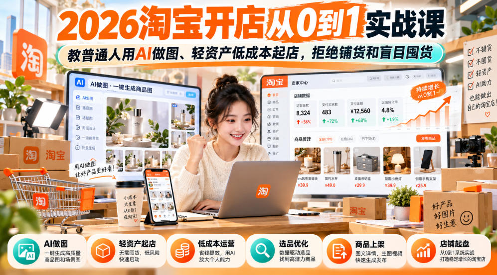 2026淘宝开店从0到1实战课,教普通人用AI做图、轻资产低成本起店,拒绝铺货和盲目囤货采购|汽车产业|汽车配件|机加工企业家交流社群中心