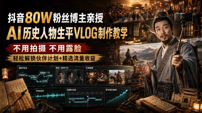 抖音80W粉丝博主的AI历史人物生平VLOG教学，不用拍摄不用露脸，AI帮你搞定，轻松解锁伙伴计划+精选收益采购|汽车产业|汽车配件|机加工企业家交流社群中心