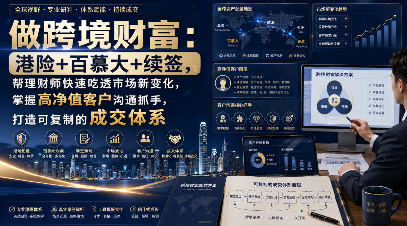 做跨境财富:港险+百慕大+续签,帮理财师快速吃透市场新变化,掌握高净值客户沟通抓手,打造可复制的成交体系采购|汽车产业|汽车配件|机加工企业家交流社群中心