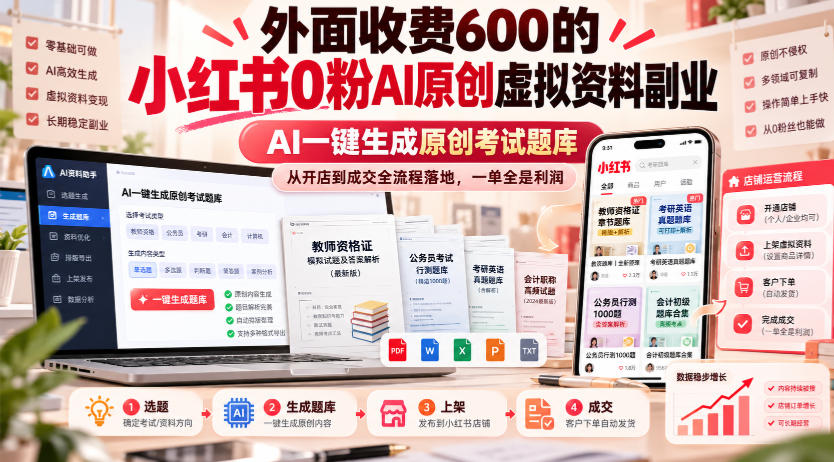 外面收费600的小红书0粉AI原创虚拟资料副业,AI一键生成原创考试题库,从开店到成交全流程落地,一单全是利润采购|汽车产业|汽车配件|机加工企业家交流社群中心