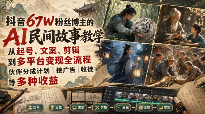 抖音67W粉丝博主的AI民间故事教学,从起号、文案、剪辑到多平台变现全流程,伙伴分成计划接广告等多种收益,月入1W+采购|汽车产业|汽车配件|机加工企业家交流社群中心