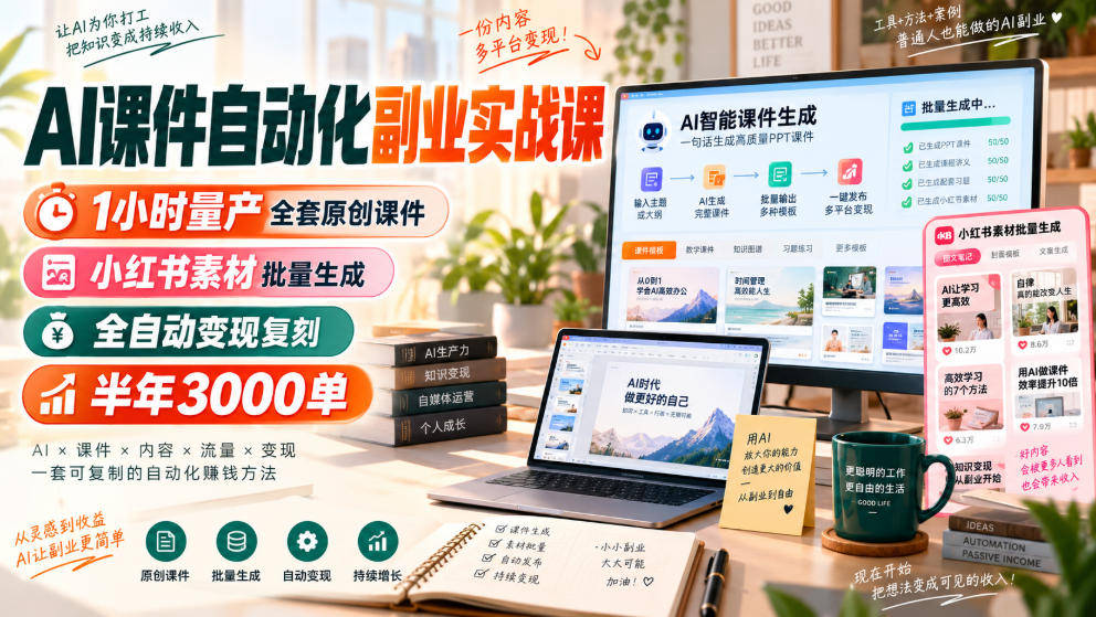 AI课件自动化副业实战课,1小时量产全套原创课件,小红书素材批量生成,全自动变现复刻,半年3000单采购|汽车产业|汽车配件|机加工企业家交流社群中心