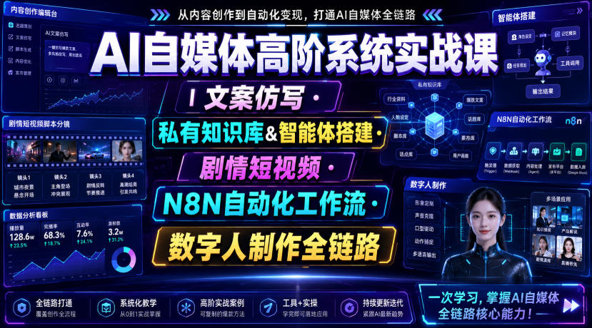 AI自媒体高阶系统实战课｜文案仿写・私有知识库&智能体搭建・剧情短视频・N8N自动化工作流・数字人制作全链路采购|汽车产业|汽车配件|机加工企业家交流社群中心