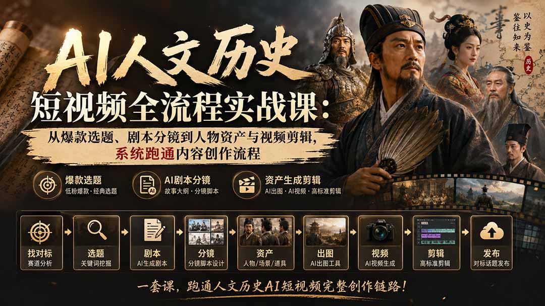 AI人文历史短视频全流程实战课:从爆款选题、剧本分镜到人物资产与视频剪辑,系统跑通内容创作流程采购|汽车产业|汽车配件|机加工企业家交流社群中心