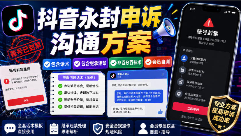 抖音永封申诉沟通方案，包含话术，包含继承违禁，非百分百技术，会员自测采购|汽车产业|汽车配件|机加工企业家交流社群中心
