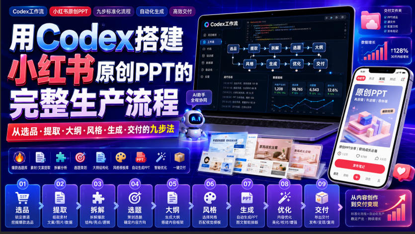 用Codex搭建小红书原创PPT的完整生产流程,从选品·提取·大纲·风格·生成·交付的九步法采购|汽车产业|汽车配件|机加工企业家交流社群中心