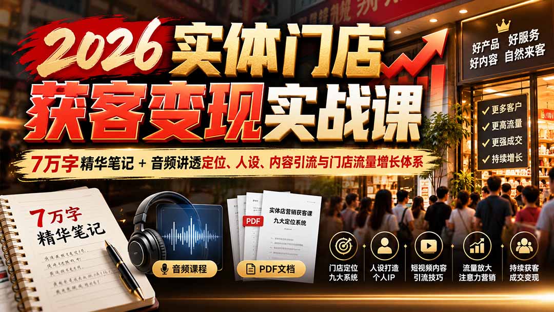 2026实体门店获客变现实战课:7万字精华笔记+音频讲透定位、人设、内容引流与门店流量增长体系采购|汽车产业|汽车配件|机加工企业家交流社群中心