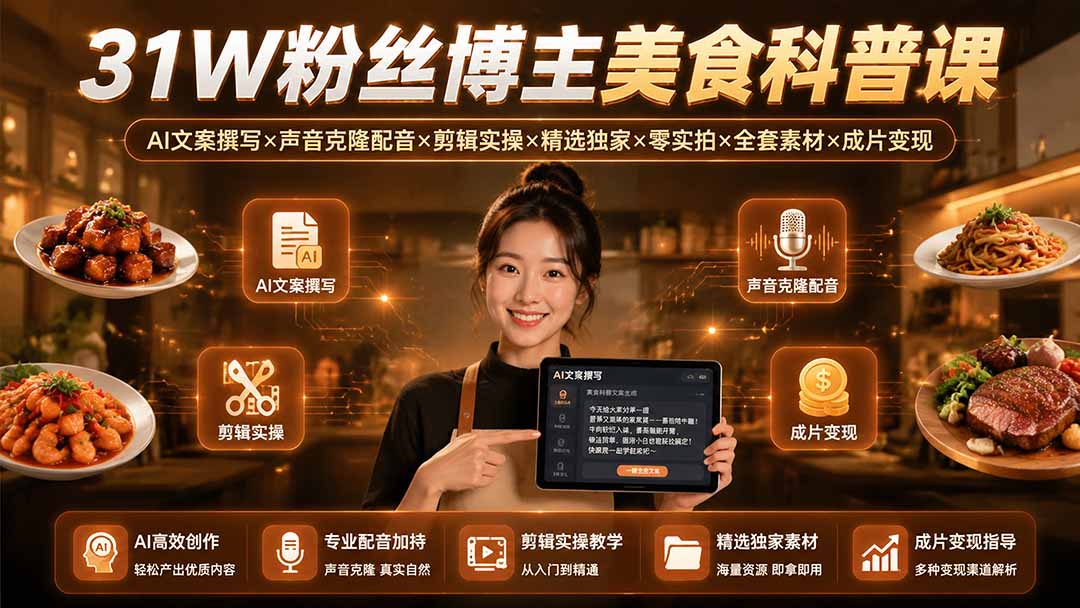 31W粉丝博主美食科普课:AI文案撰写×声音克隆配音×剪辑实操×精选独家×零实拍×全套素材×成片变现采购|汽车产业|汽车配件|机加工企业家交流社群中心