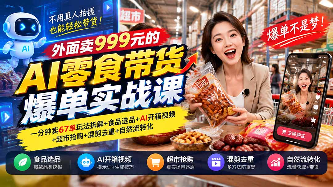 外面卖999元的AI零食带货爆单实战课|一分钟卖67单玩法拆解+食品选品+AI开箱视频+超市抢购+混剪去重+自然流转化采购|汽车产业|汽车配件|机加工企业家交流社群中心
