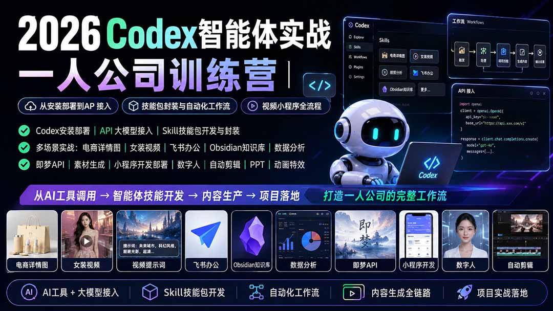 2026Codex智能体实战|一人公司训练营|从安装部署到API接入|技能包封装与自动化工作流|视频小程序全流程采购|汽车产业|汽车配件|机加工企业家交流社群中心